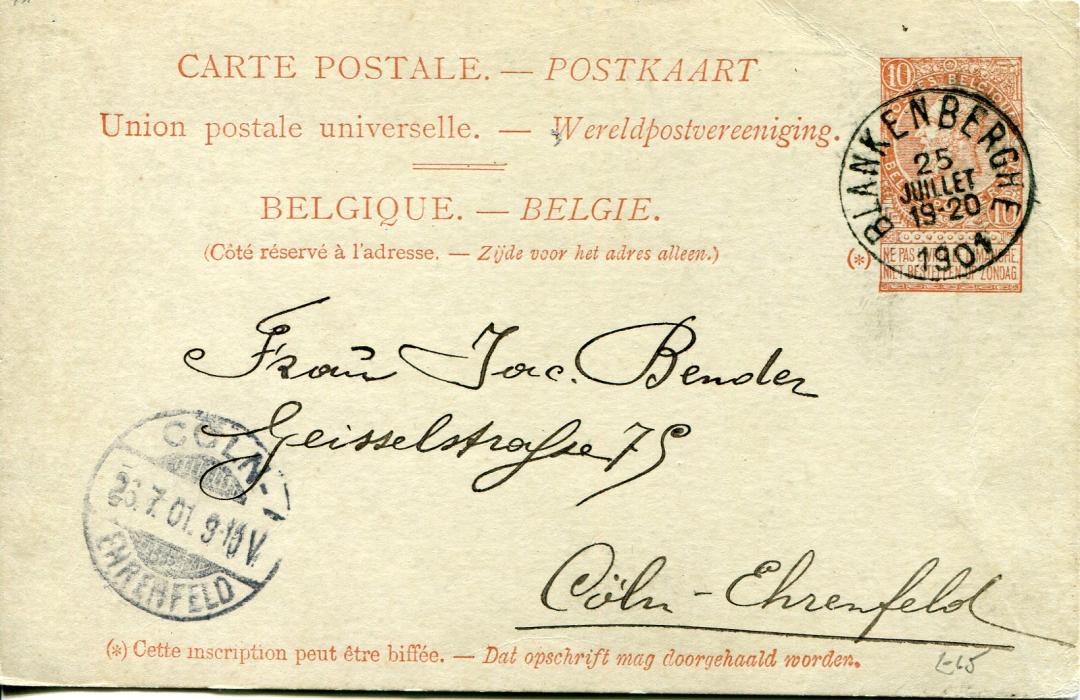 Belgium 1901 (25 Juil) Illustrated 10c postal stationery addressed to Germany with hotel advertising (Grand Hotel Pauwels dHondt Blankenberghe), Coln arrival cds, fine.