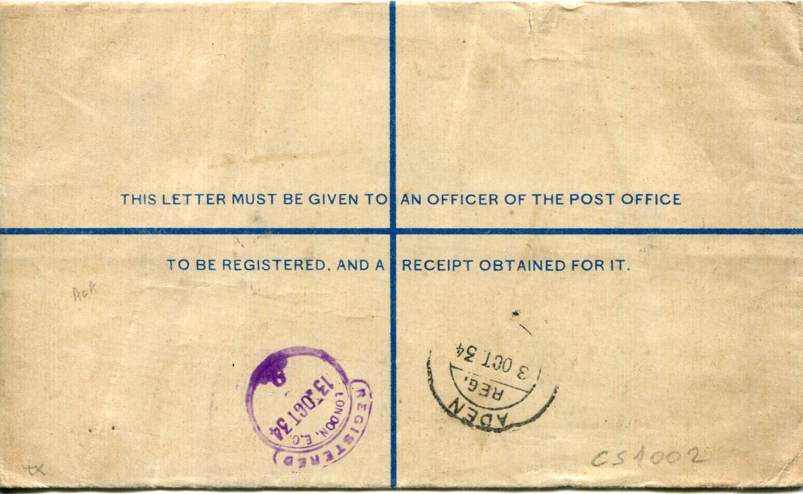 Aden 1934 (3 Oct) Registered India 1a + 3p stationery envelope uprated KGV 9p + 2a6p (2) tied by Aden Reg. double cds, Insured for £1 with 2 different Insured labels, London arrival backstamp, fine and full of character
