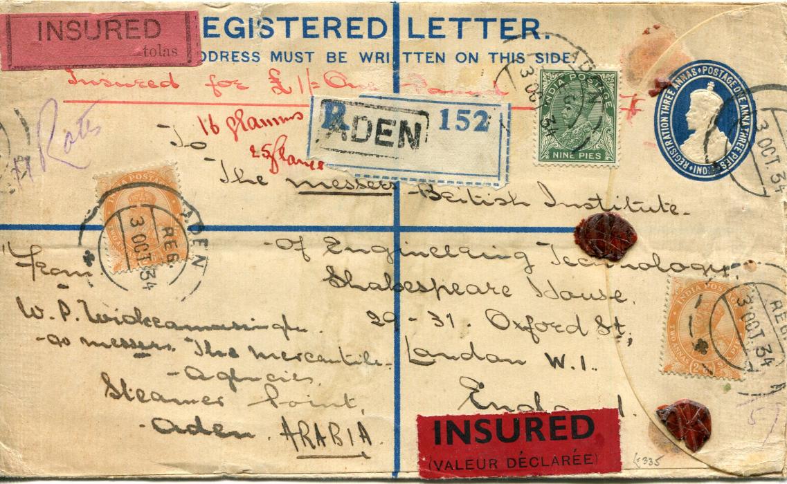 Aden 1934 (3 Oct) Registered India 1a + 3p stationery envelope uprated KGV 9p + 2a6p (2) tied by Aden Reg. double cds, Insured for £1 with 2 different Insured labels, London arrival backstamp, fine and full of character