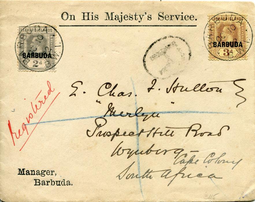Barbuda 1922 (Oc 10) Registered OHMS printed envelope to South Africa franked KGV 2d grey + 3d purple and yellow tied by Barbuda cdss, printed Manager/Barbuda bottom left, transit New York backstamp, fine and scarce destination.