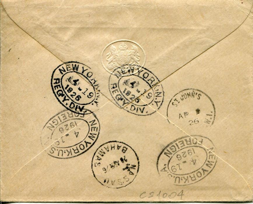 Barbuda 1926 (Ap 6) Registered OHMS envelope to Bahamas franked KGV 1d (2) + 1s tied by crisp Barbuda cdss, boxed Barbuda registered handstamp in red, St Johns and New York transit backstamps, Nassau arrival, fine and scarce destination.