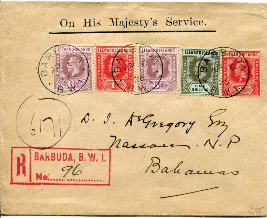 Barbuda 1926 (Ap 6) Registered OHMS envelope to Bahamas franked KGV 1d (2) + 1s tied by crisp Barbuda cdss, boxed Barbuda registered handstamp in red, St Johns and New York transit backstamps, Nassau arrival, fine and scarce destination.
