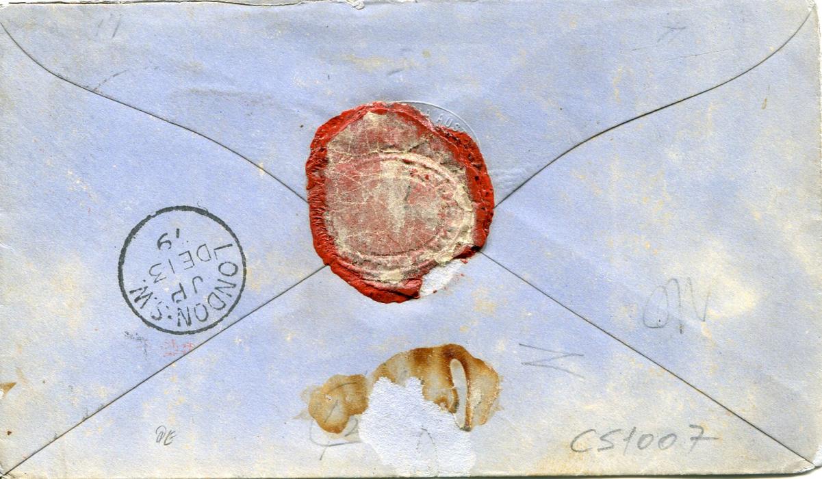 Burma / India 1879 (Nov 15) Envelope to England franked 1a + 4a tied Rangoon R-1 duplex and Bank of India..red oval cachet addressed to Messrs Grindlays (inter bank correspondence). Intact seal on reverse and London arrival backstamp, minor patchy discolouration to blue envelope, otherwise fine.