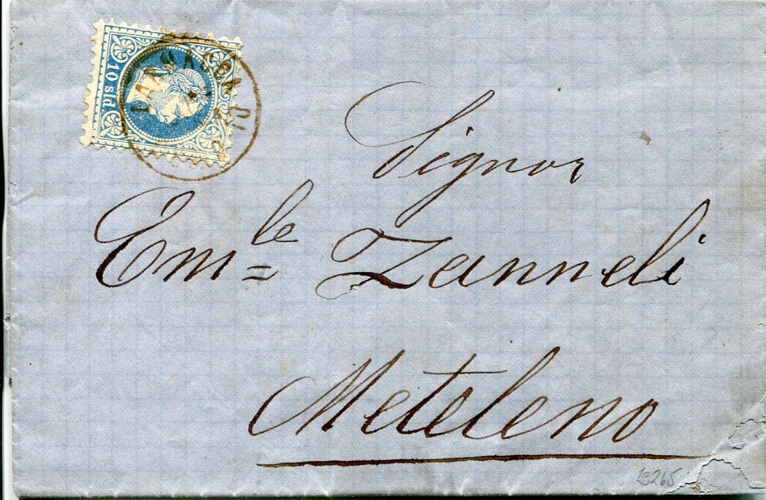 Austria Levant / Cyprus 1875 (Ap 23) Entire to Metelino franked Austrian Levant  10s blue tied by red-brown Larnaca di Cipro cds, backstamped Lloyd Agenzie Smirne (fair), negligible cover defect bottom right .