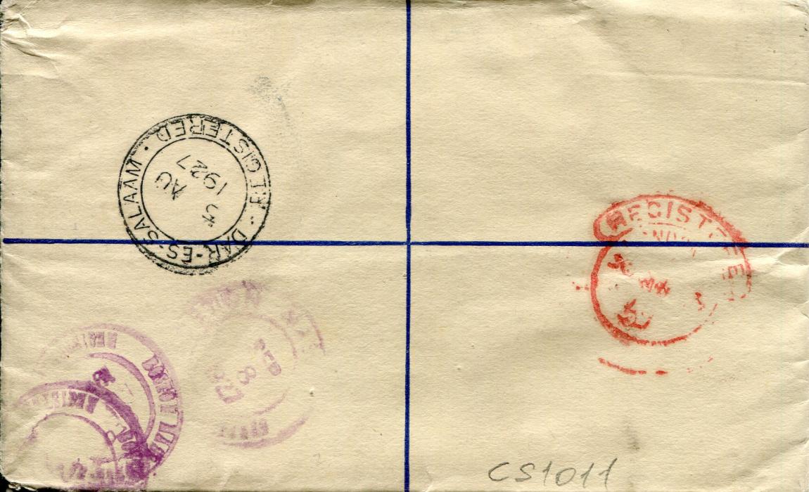 BEA / Tanganyika 1927 (5 AU) 30c (Giraffe) registered stationery to USA uprated 25c tied Dar Es Salaam cds with smudged small A.R. in circle (advice of receipt), London registered transit backstamp in red and violet Boston arrival, few minor peripheral faults.