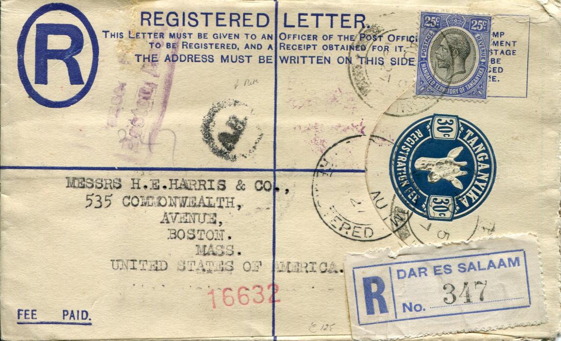 BEA / Tanganyika 1927 (5 AU) 30c (Giraffe) registered stationery to USA uprated 25c tied Dar Es Salaam cds with smudged small A.R. in circle (advice of receipt), London registered transit backstamp in red and violet Boston arrival, few minor peripheral faults.