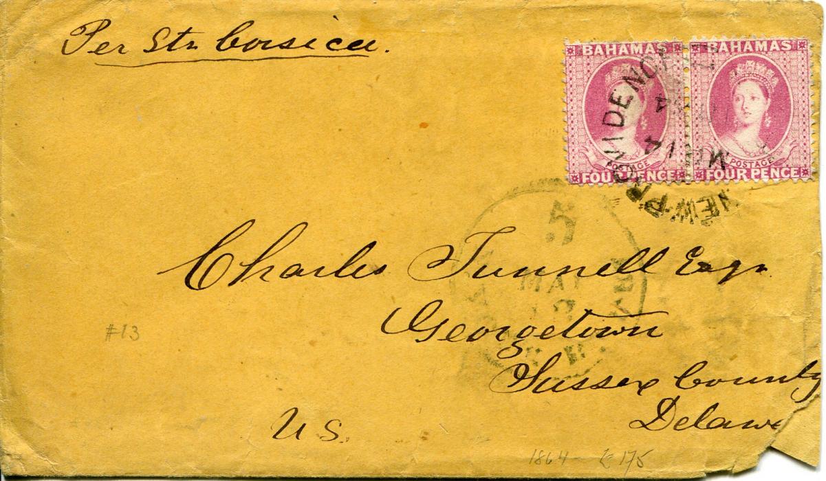 Bahamas 1864 (Mr 14) Envelope to USA franked 4d rose pair tied by New Providence cds, manuscript notation Per Str Corsica, New York transit alongside, envelope with fault bottom right.