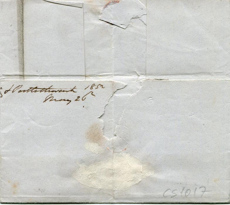 Canada 1852 (My 26) Folded cover to Halifax, Nova Scotia with Ulverstone dispatch cds in blue, manuscript notation Missent to/Fredericton, rated 10 and 1/3 with Fredericton and Liverpool backstamps, fine.