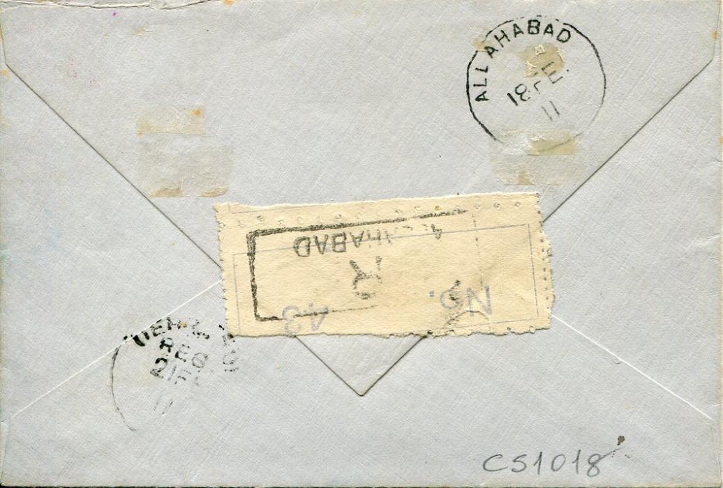 India UP Exhibition Allahabad First Aerial Post cachet in violet tying India KE7 6a to 1911 (18 FE) envelope with Allahabad dispatch, Dehra Dun arrival and registration label on reverse. Fine.CS