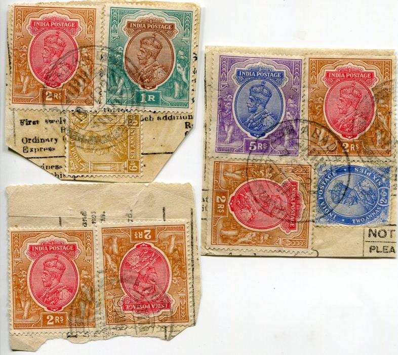 INDIA PERSIAN GULF 1922 ABADAN  3 fragments franked KGV high values tied by Abadan cds, franked respectively 2r (2), 2r +1r + 6a, 5r + 2r (2) + 2a6p