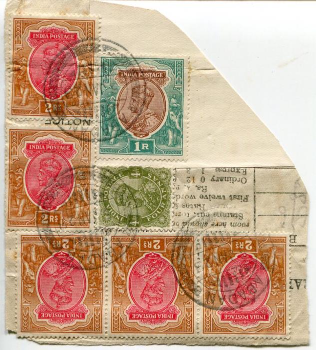 INDIA PERSIAN GULF 1923 (5 JAN) ABADAN fragment franked GV 2r strip of 3 + 2 + 1r + 4a tied by Abadan cdss, fine
