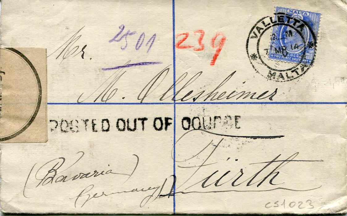 Malta 1914 KGV 2d postal stationery registered envelope to Germany uprated KEVII 2 1/2d (late use) tied Valetta cds, with K.B.Postamt/Furth label, further hs POSTED OUT OF COURSE, envelope with small flap fault