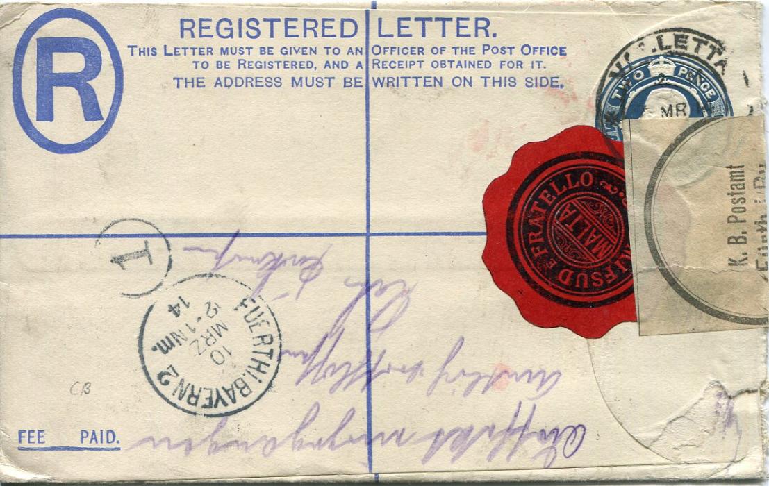 Malta 1914 KGV 2d postal stationery registered envelope to Germany uprated KEVII 2 1/2d (late use) tied Valetta cds, with K.B.Postamt/Furth label, further hs POSTED OUT OF COURSE, envelope with small flap fault