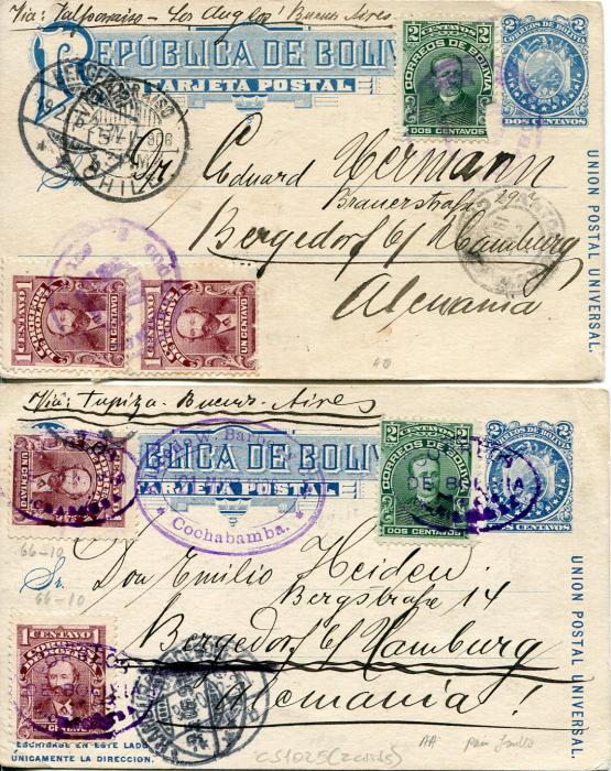 Bolivia 1906 Two illustrated 2c postal stationery cards, both uprated 1c (2) + 2c to same addressee in Germany with illustrations in blue on reverse, both written from Cochabamba, both with small scuffs leading to loss of image