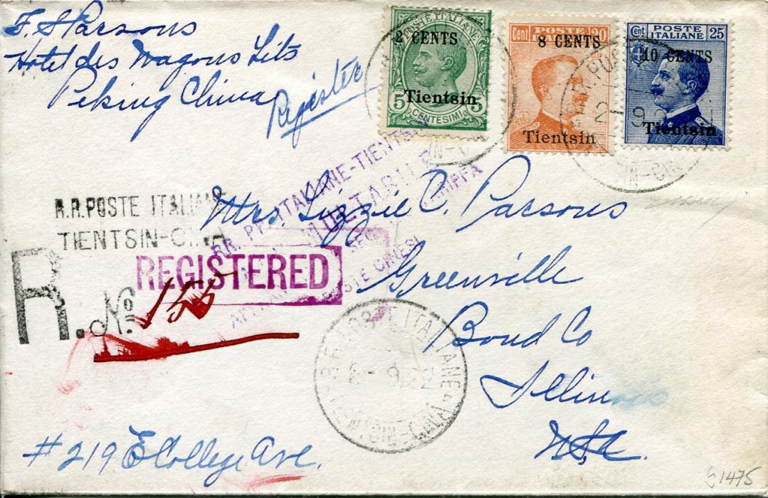 China - Italian Levant 1922 (8 9)Registered envelope to USA franked Italy overprinted Tientsin 2c on 5c + 8c on 20c + 10c on 25c tied by RR Poste Italiane /Tientsin-CINA cdss with matching registration cachet alongside in black, violet R.R. P.P. ITALIANE-TIENTSIN/…MULTABILE/AFFRAN....SECTEUR TARIFFA/POSTE CINESI with further boxed REGISTERED cachet in a different violet ink. Various transit backstamps (Italy & Chicago) + Greenville Ill. arrival, fine.