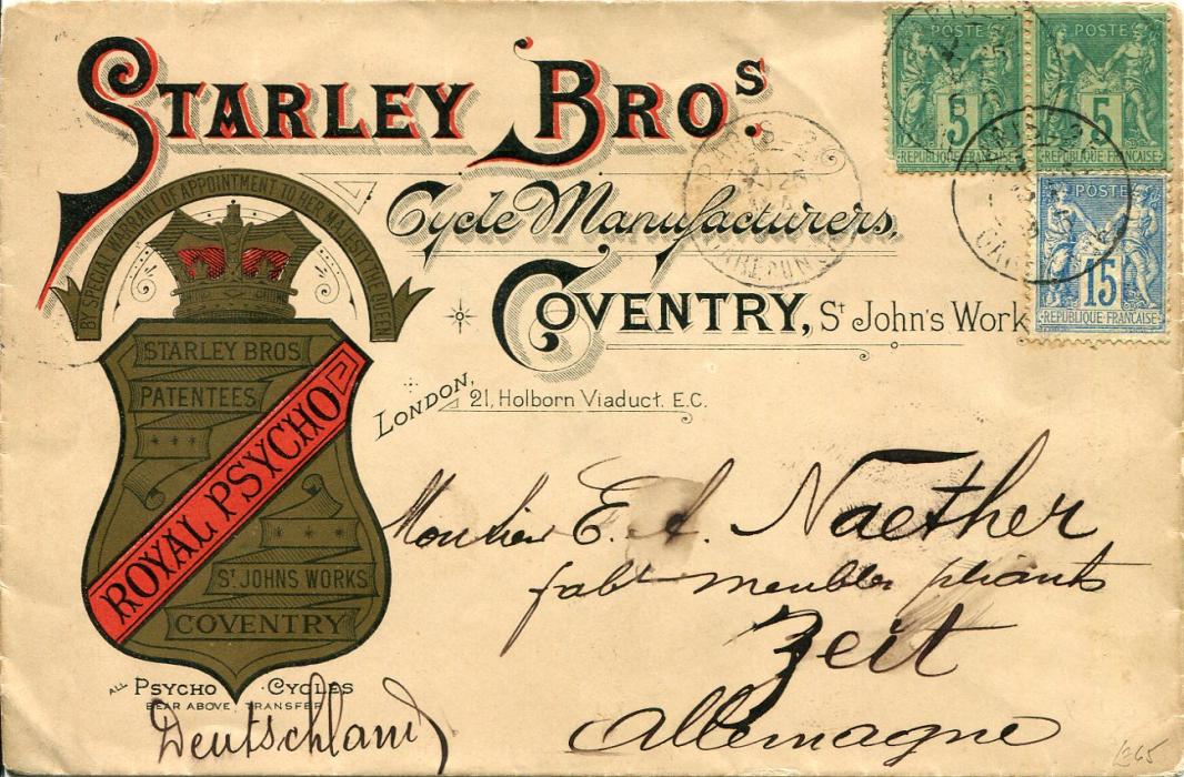 France 1895 (25 5) CYCLE advertising envelope to Germany franked Peace & Commerce (Sage) 5c pair (small faults) + 15c tied by Paris cds, Zeitz arrival bss, backflap with tear, address slightly smudged. Splendid gold and red advertising with Royal Warrant of Starley Bros Coventry.