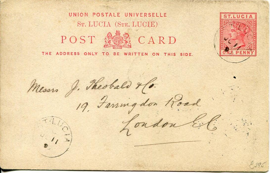 ST. LUCIA 1879 1d postal stationery card written from CHOISUEL to London cancelled ST LUCIA cds code C 21mm allocated to Choiseul with a further strike bottom left. CASTRIES A11 duplex on reverse.