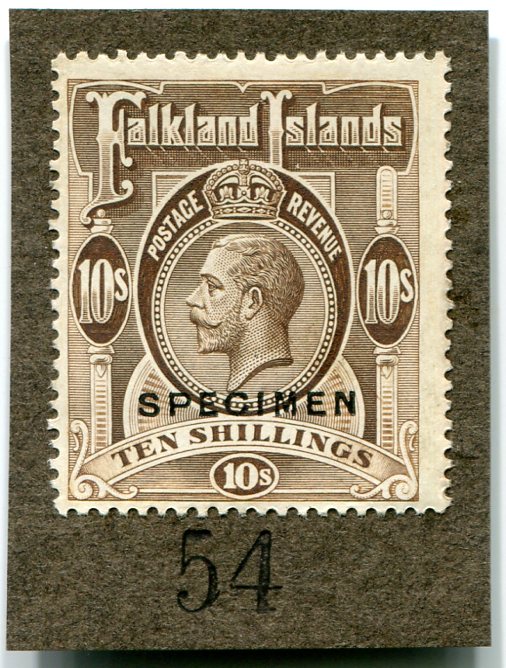 FALKLAND ISLANDS 1914 George V 10sh brown perforated trial colour proof on card, prepared by Thomas de la Rue, hs SPECIMEN, numbered 54