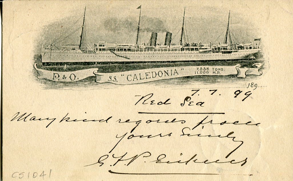 GREAT BRITAIN 1899 (7 7) 1d Illustrated stationery card addressed to Germany endorsed Red Sea with illustration of P.O. s.s. Caledonia 7558 tons 11,000HP, cancelled with Brindisi Amb cds, Frankfurt arrival, v.fine