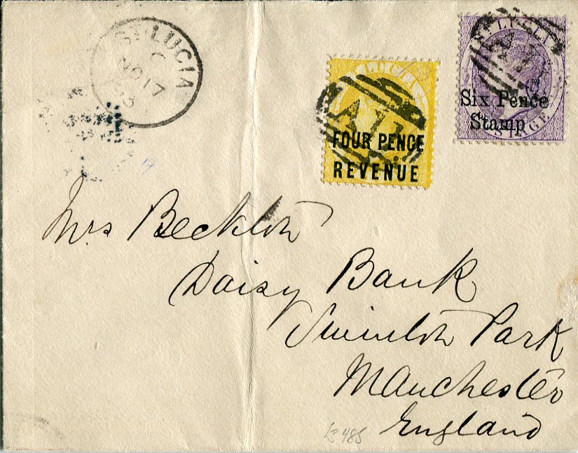 ST. LUCIA 1893 (NO 17) Envelope to England franked POSTAL FISCAL surch. 4d yellow + 6d mauve cancelled by A11, St Lucia cds alongside, vertical crease not affecting adhesives, Manchester arrival backstamp