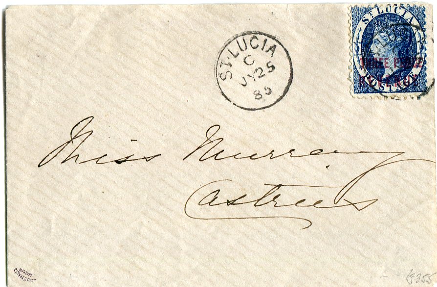 ST. LUCIA 1885 (JY 25) Internal envelope to Castries franked 1882 Postal Fisal surch. 3d blue perf. 12 tied by St Lucia C cds