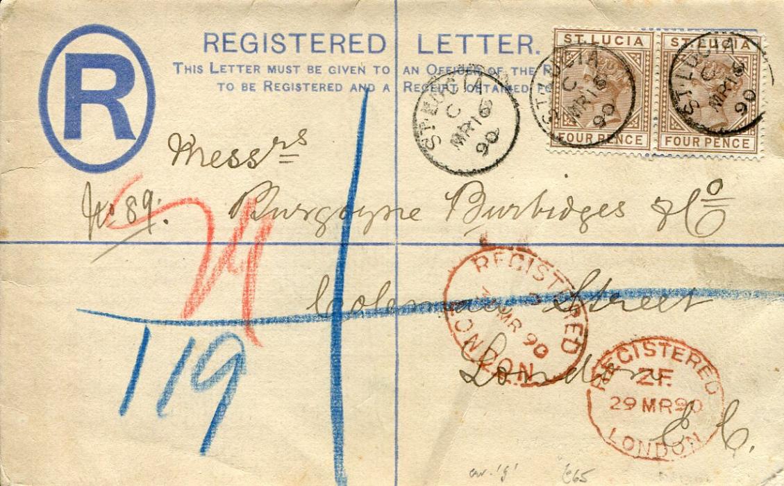 ST. LUCIA 1890 (MR 16) 2d Blue registration envelope size G uprated 1885 4d brown pair tied by St Lucia C cds, addressed to London with 2 different oval datestamps in red, fine
