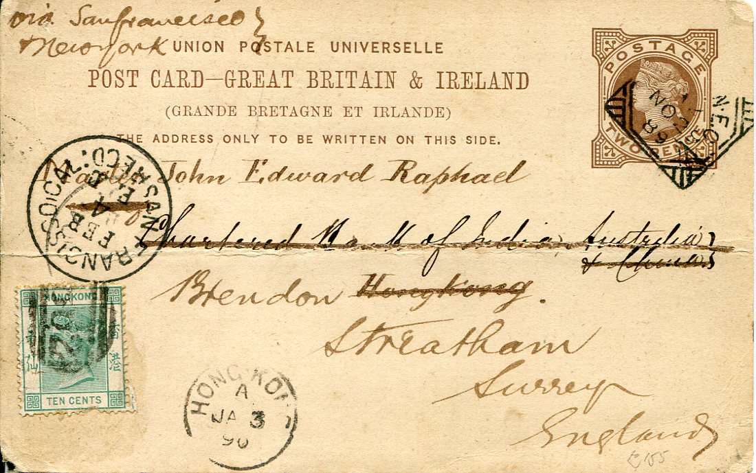 Hong Kong - Great Britain GB 1899 (29 NOV) 2d stationery card to Hongkong routed via San Francisco (cds alongside) and New York, redirected back to London with HK 10c green cancelled B62, HK A JA 3 90 cds alongside,  HK stamp with small defect, minute portion  of bottom left corner of card missing.