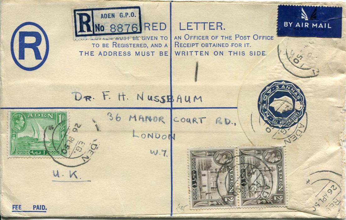 Aden 1950 (26 AP) 3a Registered stationery envelope uprated 2a pair + 1r green (scarce) tied by Aden Reg. cds, on reverse ms notation contents stamp collection worth £3