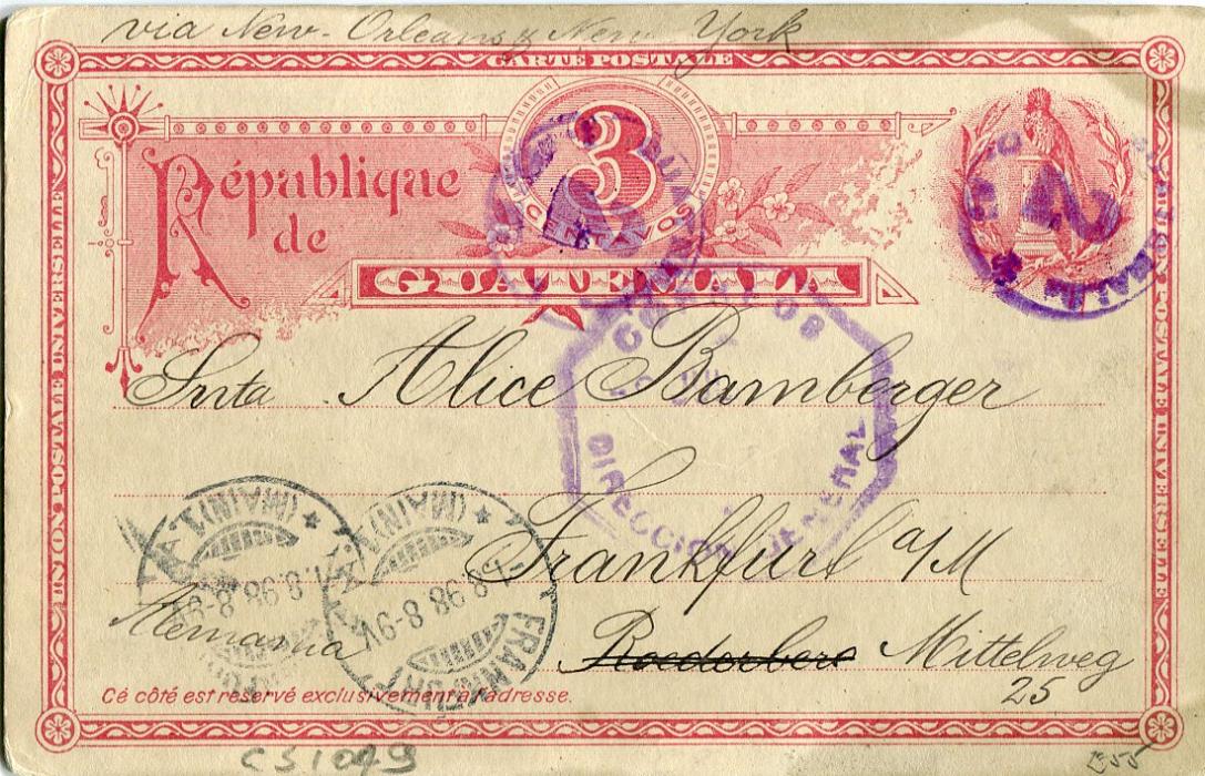 Guatemala 1898 (8 July) 3c Red postal stationery card with illustration of women carrying pots in sepia, visible but not clear, addressed to Germany with Frankfurt arrival, cancelled circular Guatemala 2
