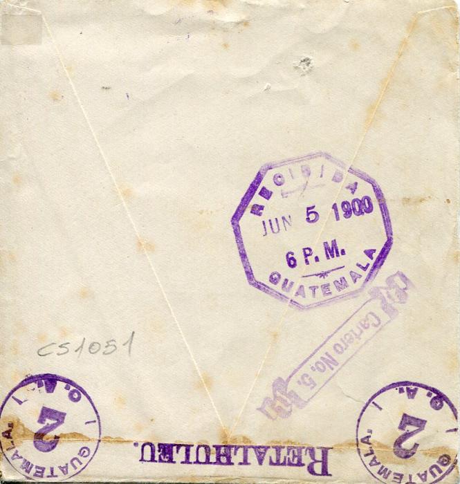 Guatemala 1900 (JUN 2) Unfranked internal envelope with octagonal RETALHULEU ds and s/l FRANCO alongside both in violet, various bss incl. s/l RETALHULEU RECEBIDA GUATEMALA (JUN 5), scroll Cartero No 5 etc., all in violet, fine
