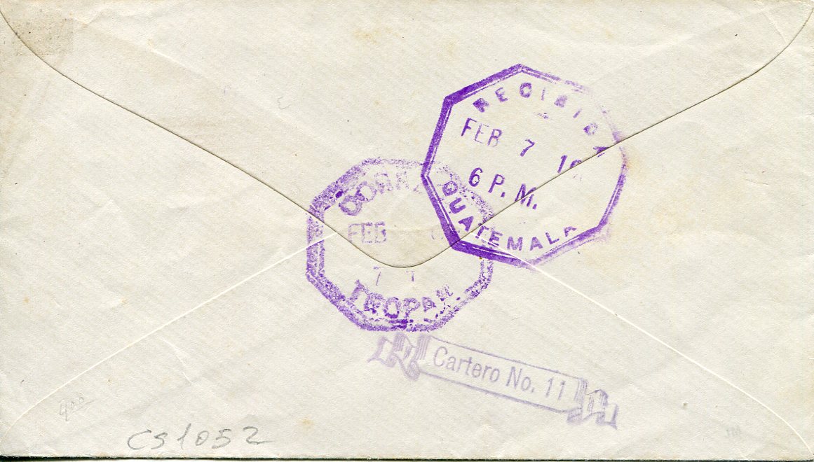 Guatemala ca 1900 Unfranked envelope hs on obverse Franco in violet with various bss incl. TEOPAN?, RECEBIDA GUATEMALA and scroll Cartero No. 11 in violet, fine 