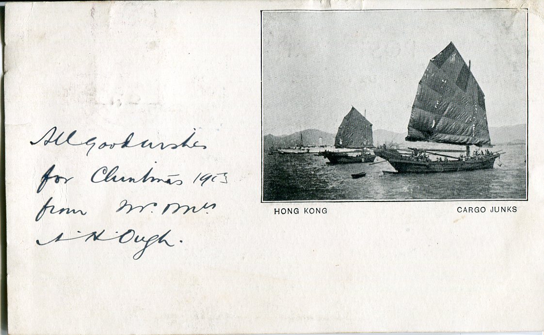 Hong Kong 1903 (20 Nov) Postcard showing vignette of Cargo Junks sent to England franked KEVII 4c tied by Victoria HK cds, with violet s/l LEIGH & GRANGE security chop, fine