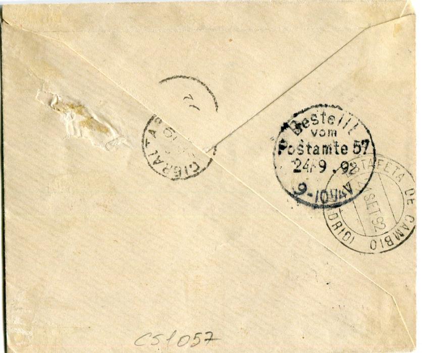 Gibraltar 1892 (Sep) Envelope to Germany franked Gibraltar 40c BISECT + 5c tied by Tangier duplex, with Gibraltar & Madrid transits + Germany arrival bss, corner of 5c creased where overlapping