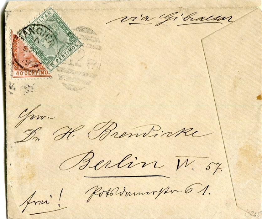 Gibraltar 1892 (Sep) Envelope to Germany franked Gibraltar 40c BISECT + 5c tied by Tangier duplex, with Gibraltar & Madrid transits + Germany arrival bss, corner of 5c creased where overlapping