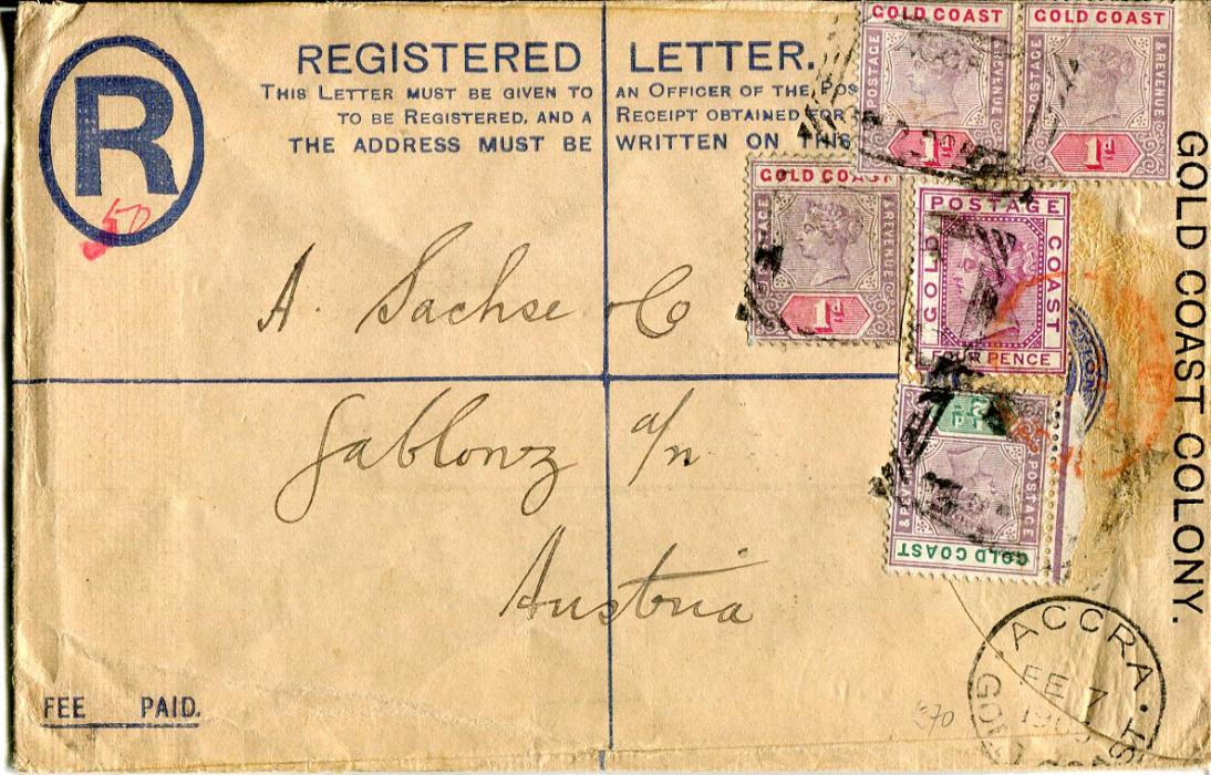 Gold Coast 1900 (FE 7) Registration envelope uprated QV 1/2d + 1d (pair + single) + 1884 4d deep mauve tied by rectangular Accra ds with cds alongside, addressed to Austria with Gablonz arrival bs, some glue residue, light fold affecting 1/2d