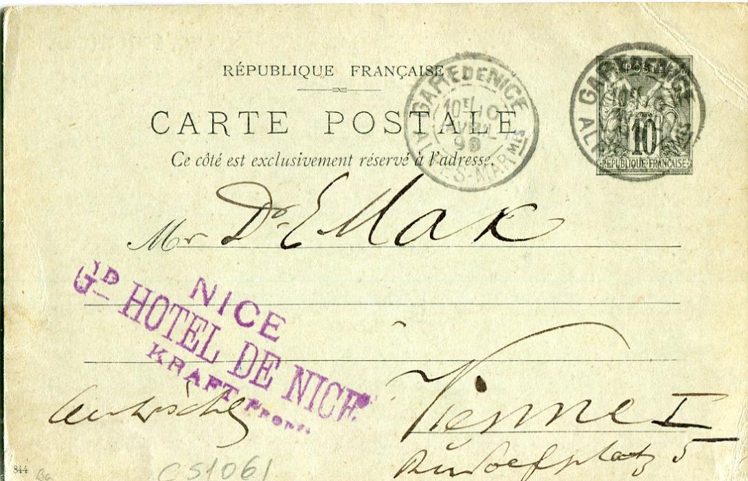 France 1899 (15 4) Illustrated 10c postal stationery card to Austria depicting vignette of KRAFTS Gd Hotel de Nice, a NICE (Nizza), faint corner crease 