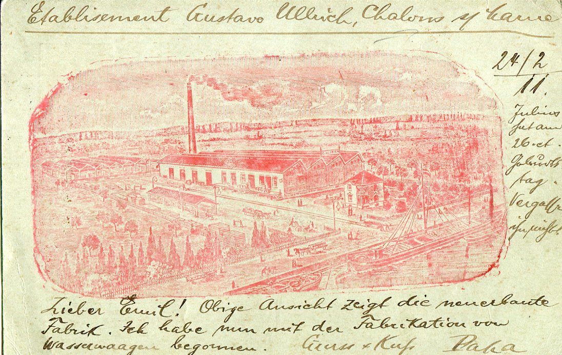 France 1911 (24 2) 10c Semeuse (Sower) illustrated on front a full illustration of a factory with ms  Etablisement Gustav Ullrich, Chalons s. Marne, faint corner crease.