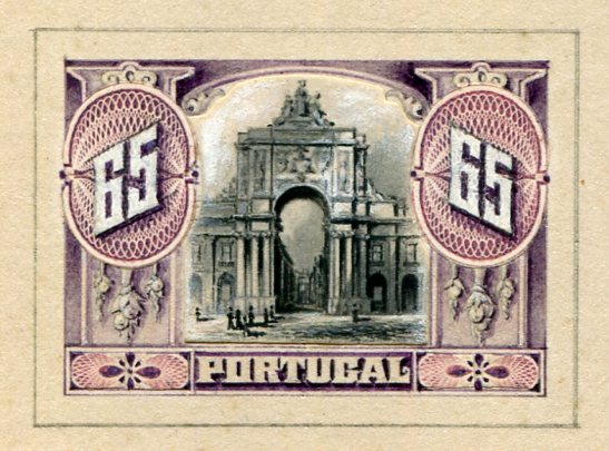 Portugal 1910 (17 Oct) Unissued essay with black & mauve design with arch inscribed Portugal 65®, designed by Bradbury Wilkinson & Co. Ltd, London. 12 days after the Revolution on October 5th. Eyecatching & superb.