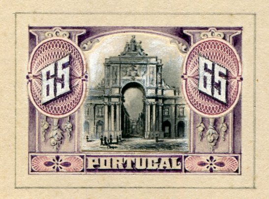 Portugal 1910 (17 Oct) Unissued sunken essay with black & mauve design with arch inscribed Portugal with two value tablets 65, designed by Bradbury Wilkinson & Co. Ltd, London. 12 days after the Revolution on October 5th. Eye catching & superb.