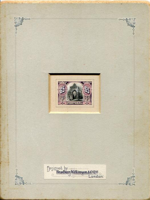 Portugal 1910 (17 Oct) Unissued essay with black & mauve design with arch inscribed Portugal 65®, designed by Bradbury Wilkinson & Co. Ltd, London. 12 days after the Revolution on October 5th. Eyecatching & superb.