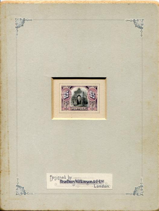 Portugal 1910 (17 Oct) Unissued sunken essay with black & mauve design with arch inscribed Portugal with two value tablets 65, designed by Bradbury Wilkinson & Co. Ltd, London. 12 days after the Revolution on October 5th. Eye catching & superb.