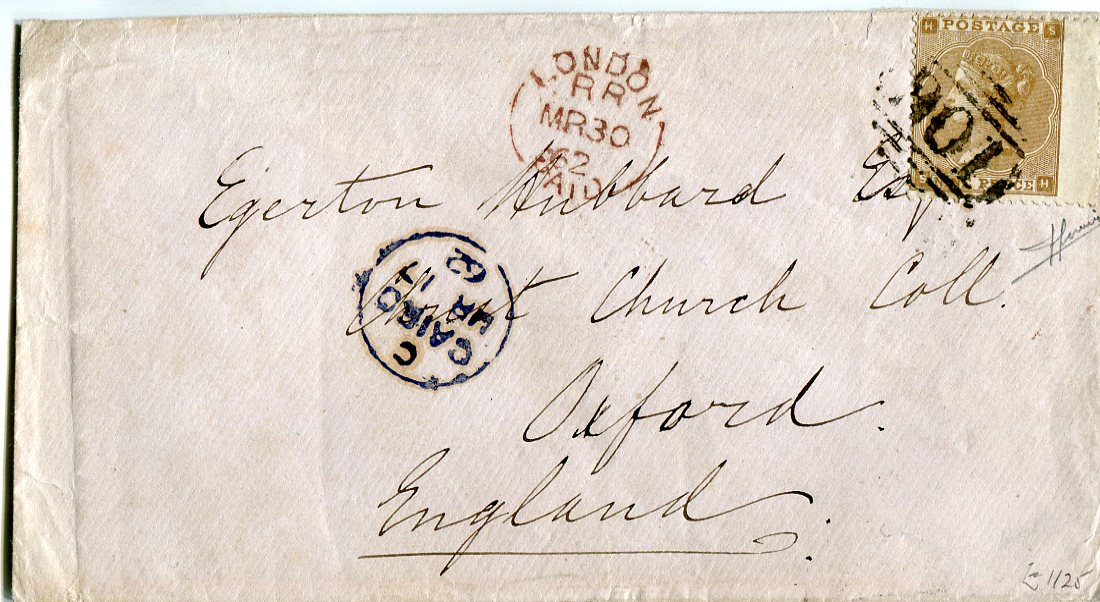 Egypt / Great Britain 1862 (MR 17) Envelope from Cairo to Oxford correctly franked by 1862 GB 9d bistre (wing margin at right) tied by mostly fine strike of B01 numeral of Alexandria with very fine Cairo dispatch and London transit (MR30) cds alongside. Oxford arrival (MR 31) backstamp. The adhesive with odd short perfs. Exceptional colour and minor opening blemishes. Fine and rare usage, the 9d being issued just 2 months previously.