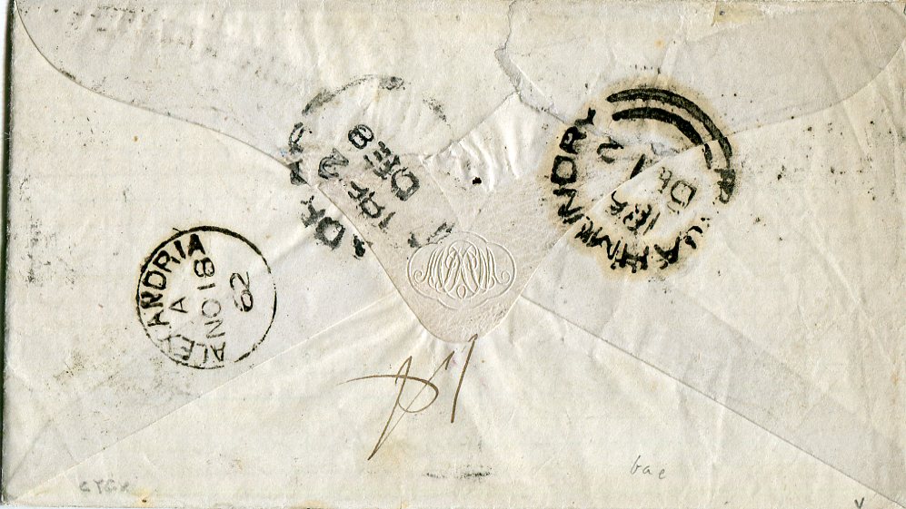 Egypt / Great Britain 1862 (NO 18) Envelope from Alexandria to Madras, endorsed 