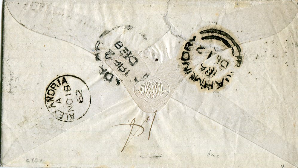 Egypt / Great Britain 1862 (NO 18) Envelope from Alexandria to Madras, endorsed