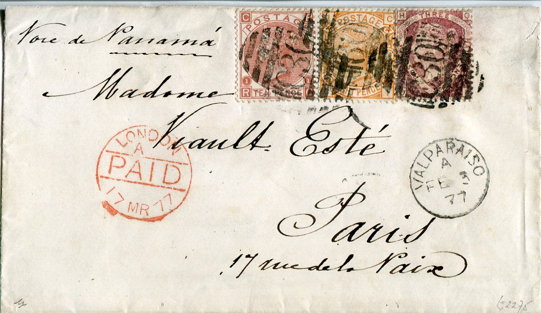 Great Britain Used Abroad - CHILE 1877 Envelope to Paris franked 1870-74 1 1/2d + 8d orange + 10d red-brown tied by C30 with CALPARAISO cds in association, endorsed Voie de Panama alongside, faint arrival bs, London Paid transit cds in red. A rarity. Unique usage of 8d in Chile. Ex Glassco