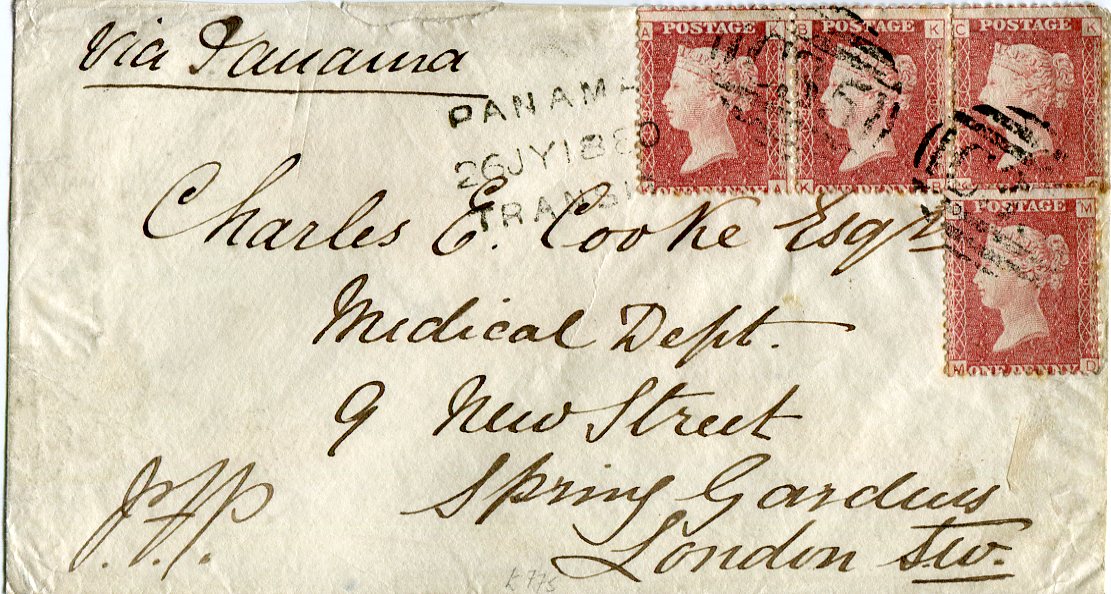 Great Britain Used Abroad - PANAMA from PANAMA to London prepaid at the 4d per 1/2oz rate by four 1d rose-red Pl. 191, tied by Panama type Z4 C35 numerals and Panama/Transit three line datestamp for JY.26.80, London arrival bs (AU 25 1880)
