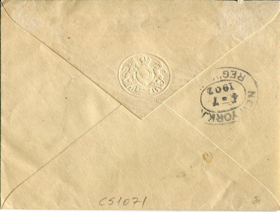 St. Lucia 1902 (MR 25) On His Majestys Service printed registered envelope to USA franked 1/2d pair + 1d + 3d + 4d tied by Castries cds with New York transit backstamp, written from P.O. St Lucia, very fine