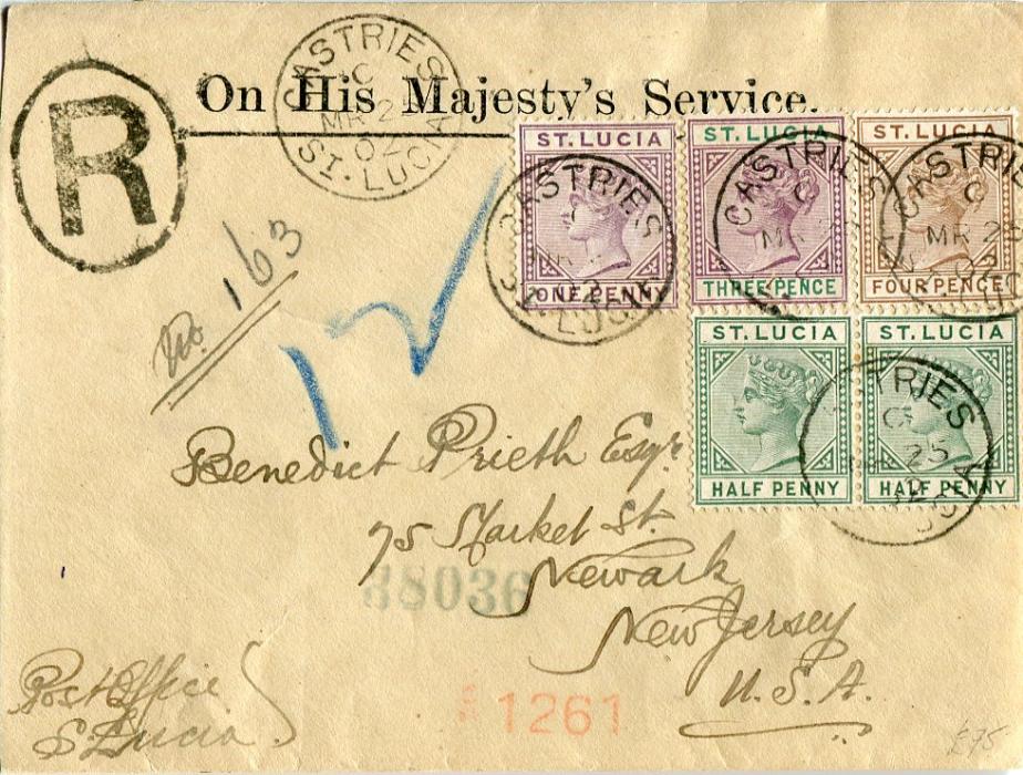 St. Lucia 1902 (MR 25) On His Majestys Service printed registered envelope to USA franked 1/2d pair + 1d + 3d + 4d tied by Castries cds with New York transit backstamp, written from P.O. St Lucia, very fine
