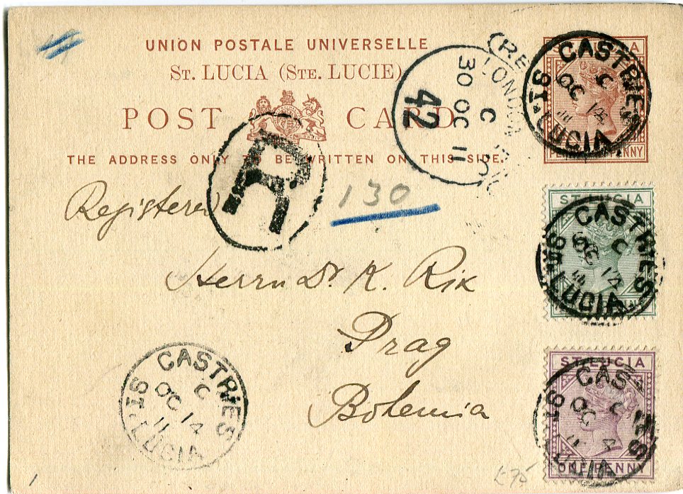 St. Lucia 1911 (Oc 14) Registered 1 1/2d postal card to Bohemia uprated 1/2d + 1d tied by Castries cds with hooded Reg.London datestamp (30 Oc), fine.