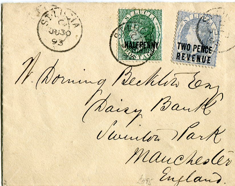 St. Lucia 1893 (JU 30) Envelope to England franked Postal Fiscals 1881 HALFPENNY/STAMP green (SGF11) and 1882 2d pale blue (SG F!4) tied by St Lucias cdss, Manchester arrival backstamp, fine